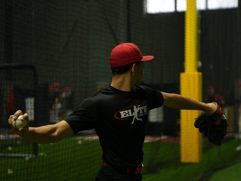 Elite Baseball Training pitcher during a private lesson at the Mundelein facility